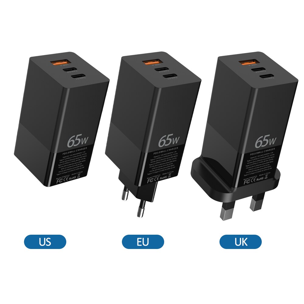 65W GaN caricabatterie USB C adattatore Multi estensione PD 3.0 QC 4.0 per Iphone 12 MacBook Laptop Wall Charge UK US EU Plug