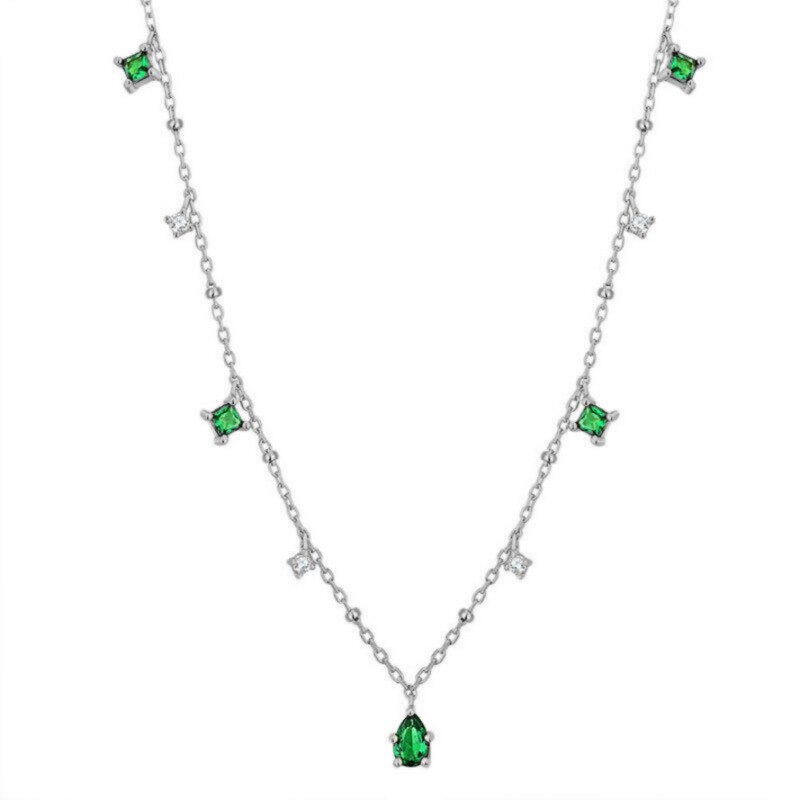 925 Sterling Silver Choker Necklace for Women Exquisite Green Zircon Clavicle Chain Necklace S-N742: Silver Color