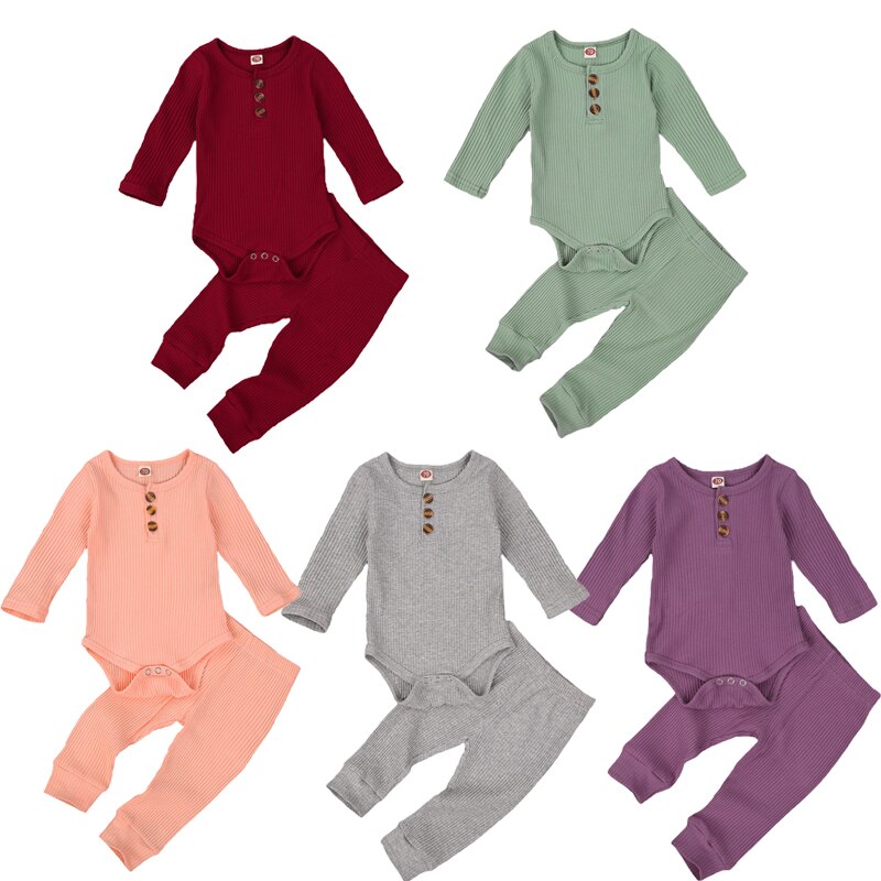 Baby jongens meisjes kleding slaapkleding herfst 2 stuks outfit 0-24m ronde hals knoop lange mouwen romper jumpsuit broek effen set