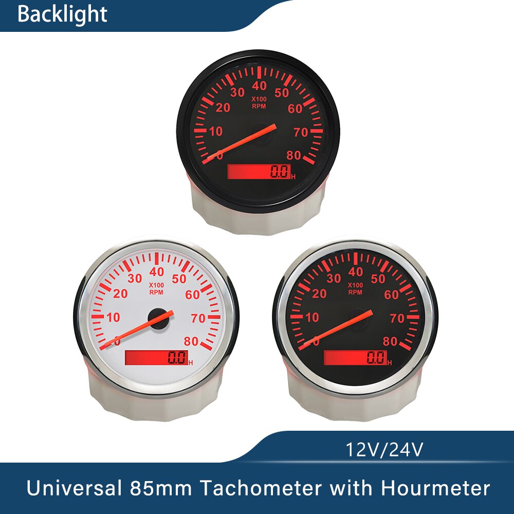 3-8K RPM Tachometer Gauge Tach Sensor REV Counter with Hour Meter 85mm Gasoline Diesel 12V 24V Red Backlight Waterproof