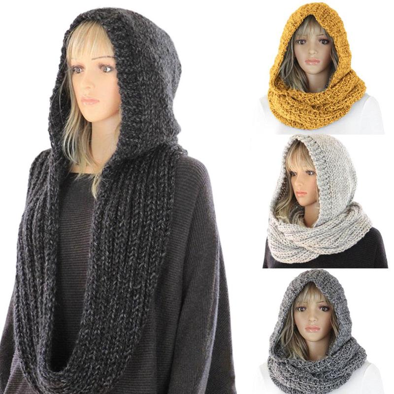 Winter Knitted Scarf For Ladies Keeping Warm Solid Shawl Wraps Hat Scarf Dual Purpose Cape