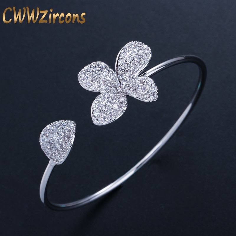 CWWZircons Famous Brand Jewelry Flower and Leaf Silver Color Micro Pave Cubic Zirconia Adjustable Bangle Bracelet BG014