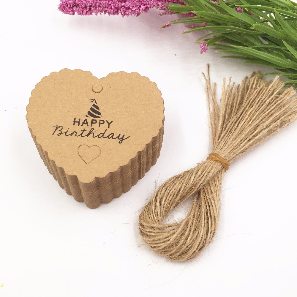 100 stks Gelukkige verjaardag Huwelijkscadeau cake box Verpakking Label Bruin Kraftpapier liefde harten tags + 100 stks snaren