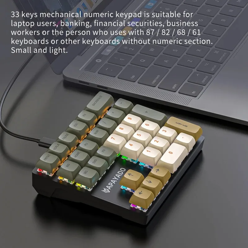 APAYADO K33 Wired Mechanical Numpad 33 Keys RGB Backlit Mini for Finance/Accounting Durable Build