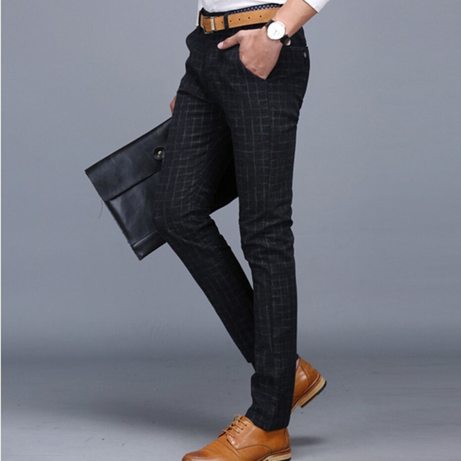 Pantalones De Vestir a cuadros para Hombre, pantalones ajustados, pantalones De verano para Hombre