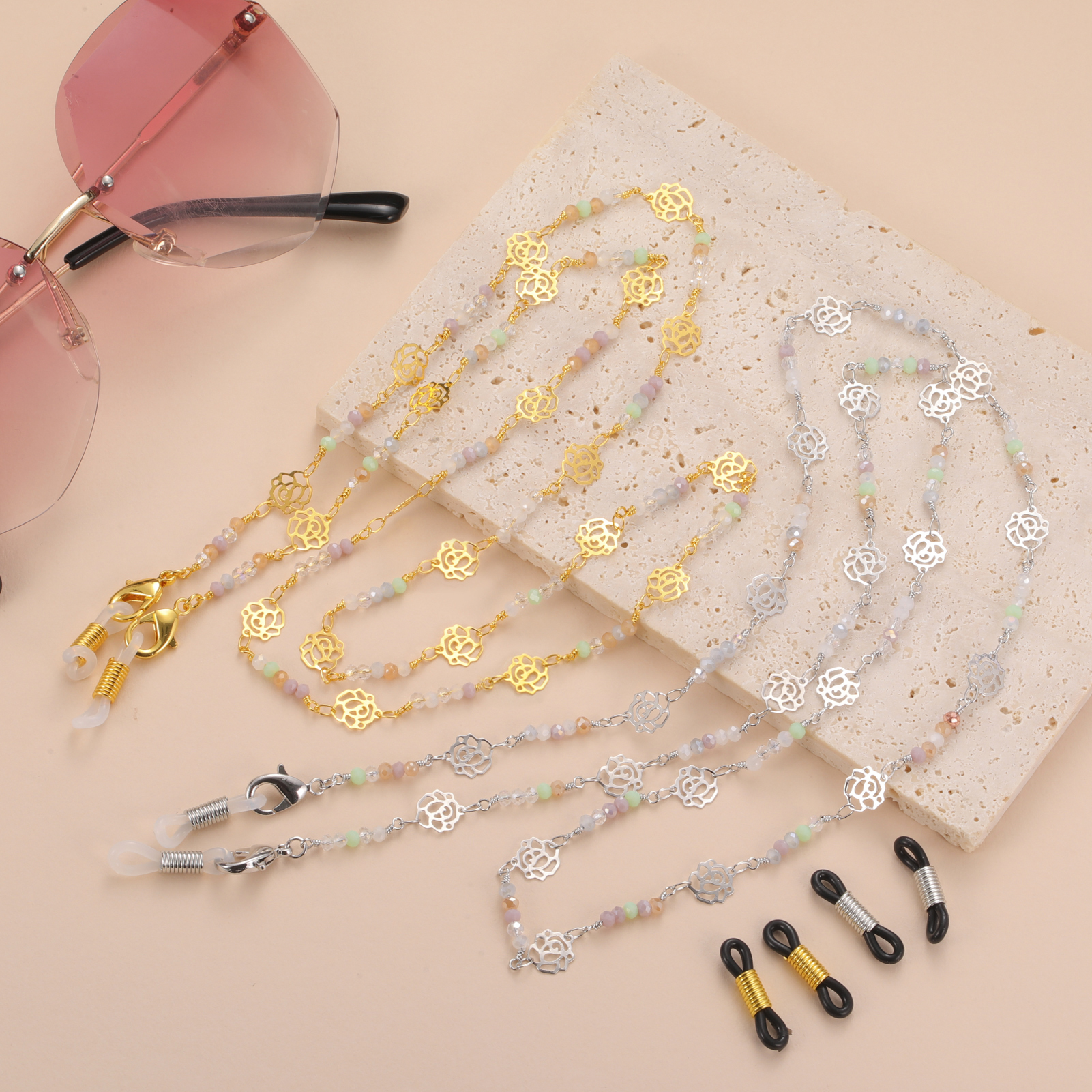 Gekleurde kristallen hartvormige brilketting roestvrijstalen dameszonnebrilketting modieuze Boheemse sieradenaccessoires