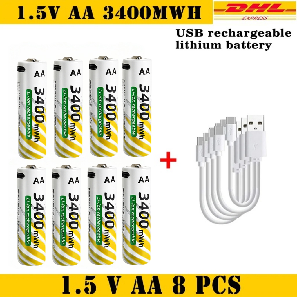 1.5V AA 3400mWh + AAA 900mWh Rechargeable Lithium Battery Set with USB-C Fast Charging Type C Cable air transport: Light Grey