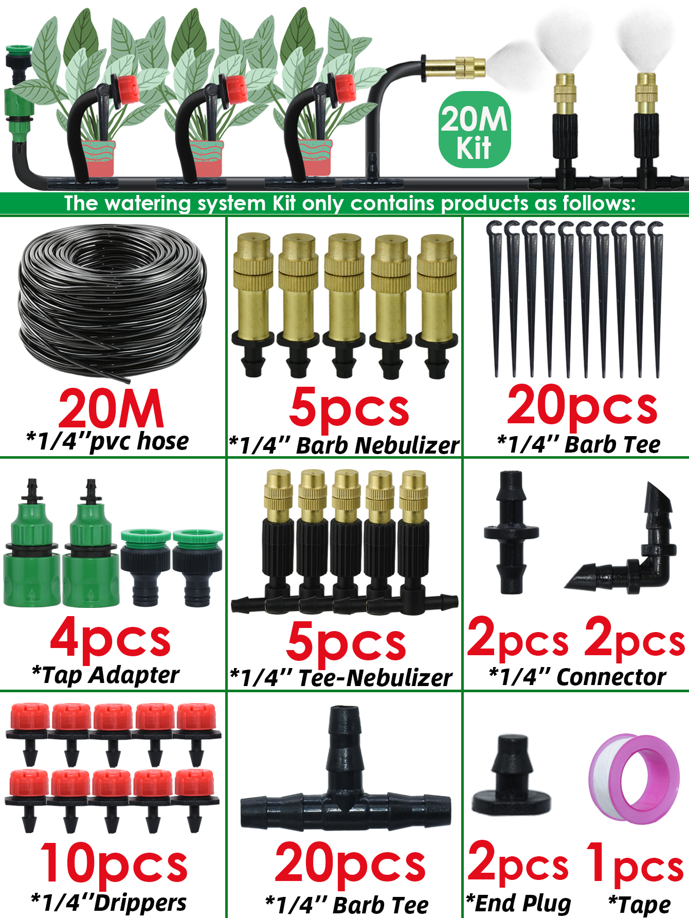 Sprycle 5M-50M Automatic Watering System Kit Garden Micro Drip Irrigation Controller DIY Cooling Mist Spray for Vegetable Flower: Red