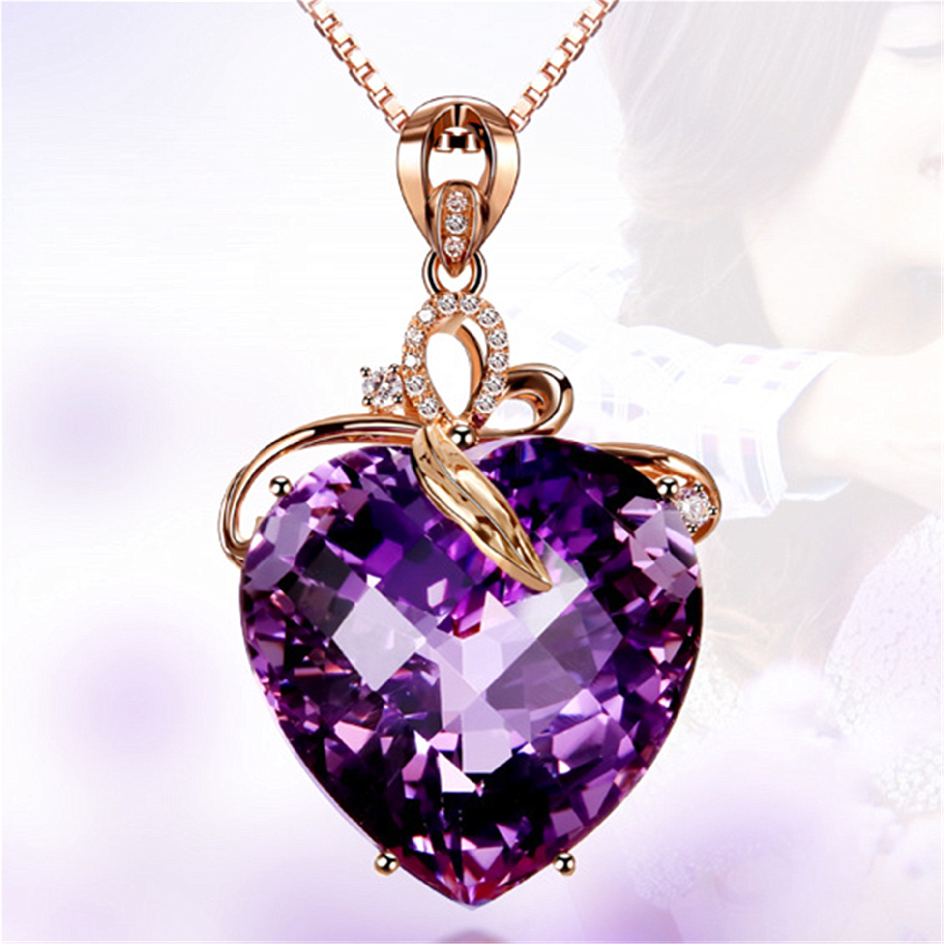 Pingente de ametista de coração banhado a ouro 18K banhado a pedra preciosa colorida colar de diamante roxo natural joias da moda