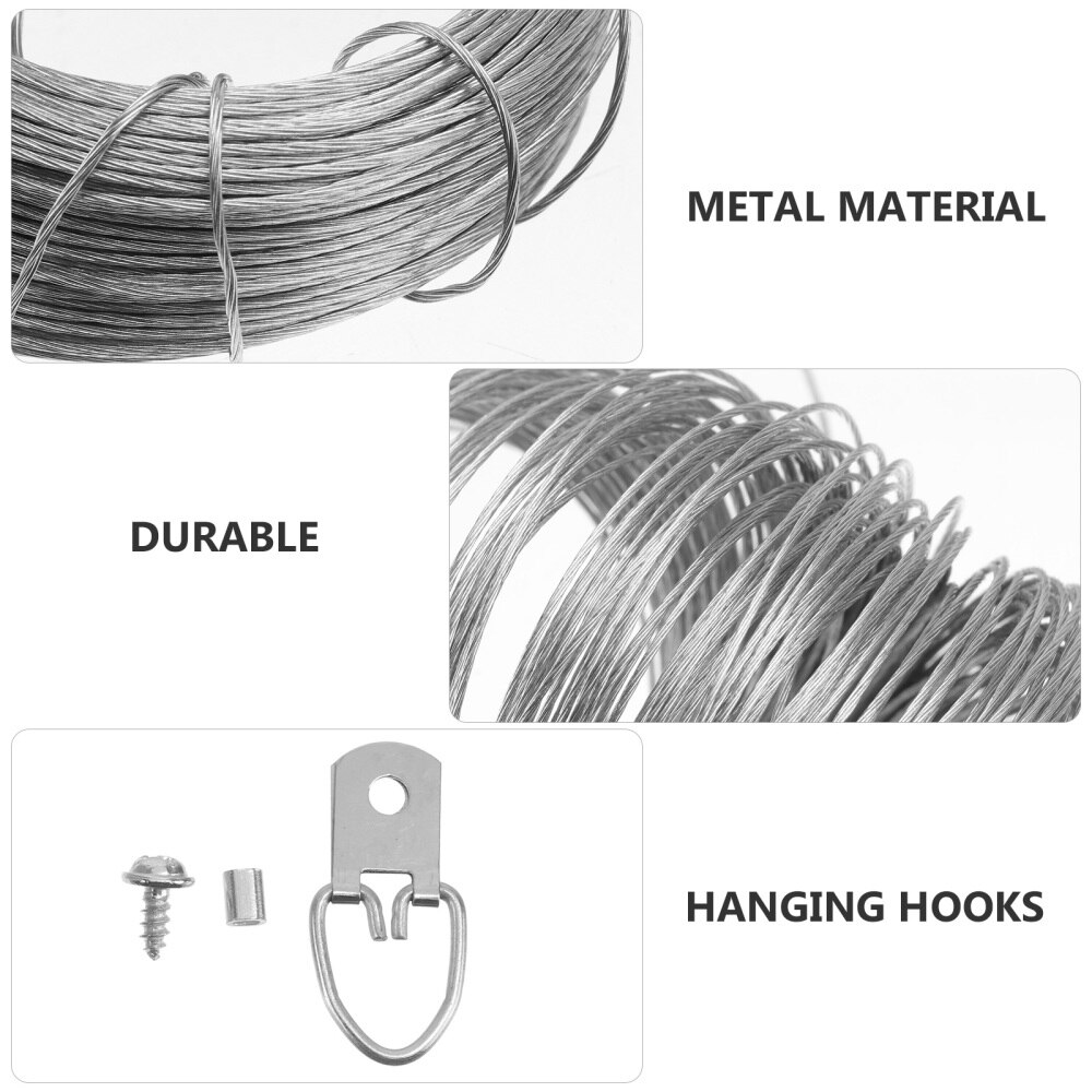1Set Wire Rope and Photo Frame Hanging Hooks Kit Picture Hangers Picture Hanging Wire Set(20m Wire Rope +20 Sets of Rings)
