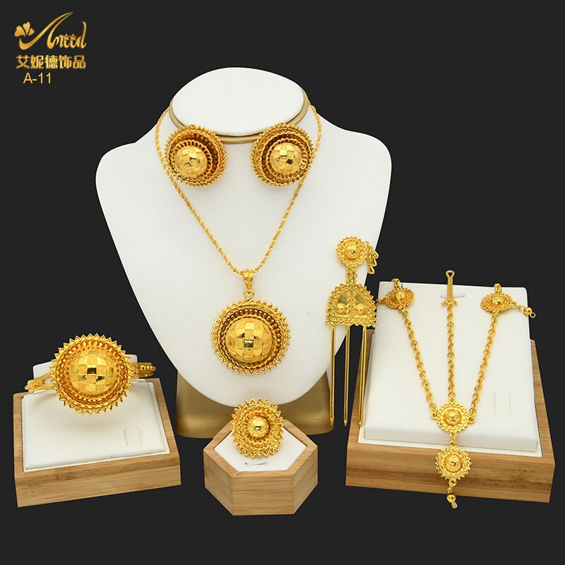 ANIID Dubai Ethiopian Flower Gold Plated 6pcs Jewelry Sets For Women Nigerian Luxury Necklace Jewellery Set Wedding Party: A-11-Gold