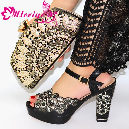 Italian Shoes With Matching Bags Set African Women's Party Shoes and Bag Sets green Color Women High Sandals And Handbag: Black / 41