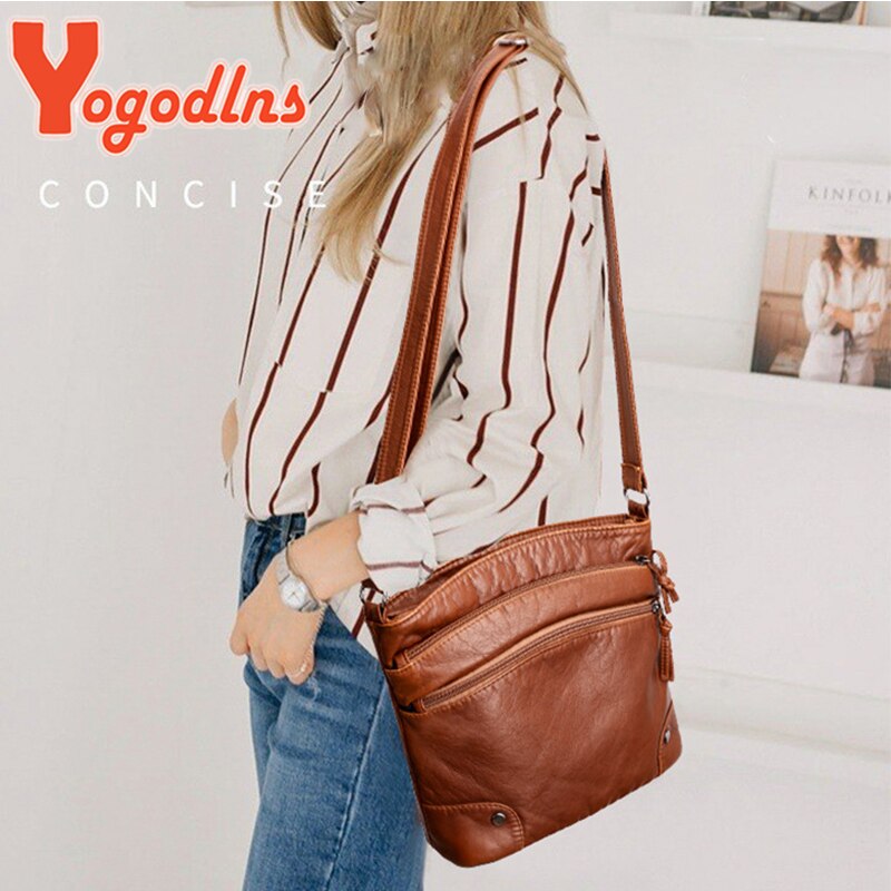 Yogodlns Zachte Pu Lederen Schoudertas Vrouwen Retro Messenger Bag Dubbele Rits Vrouwelijke Crossbody Tas Grote Capaciteit Dagelijks Handtas