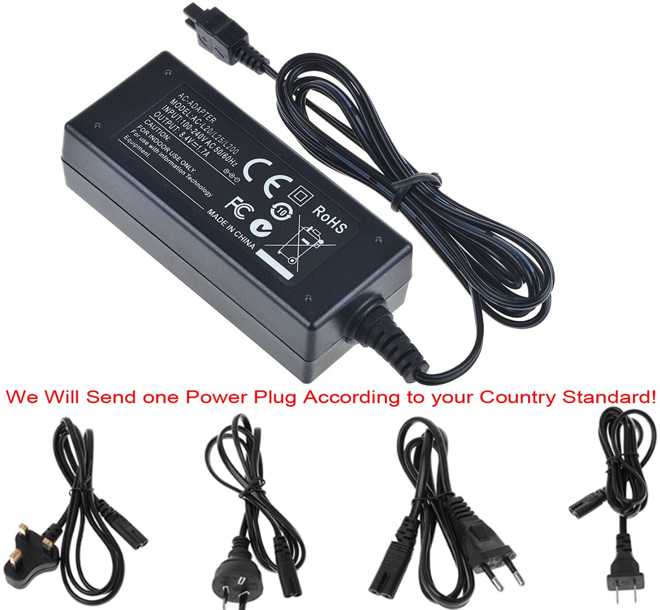 Cargador adaptador USB para Sony DCR-SX30, SX31, SX40, SX41, SX43, SX44, SX45, SX50, SX60, SX63, SX65, SX83, SX85 Handycam: 1x AC Power Adapter