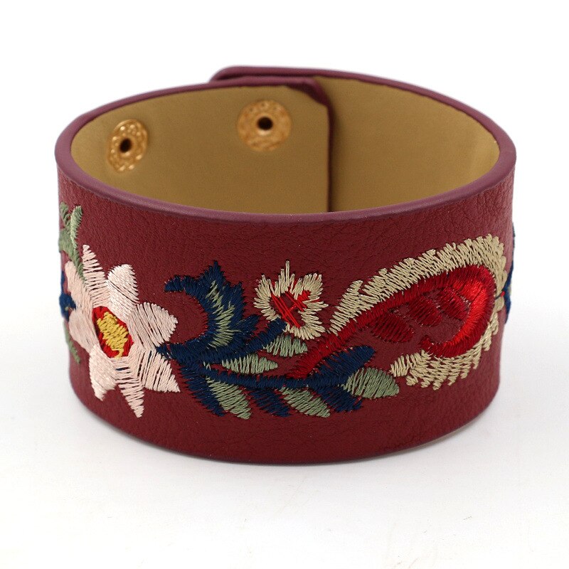 Rainbery Bohème Broderie Fleur Bracelet Manchette Féminine Large PU Cuir Bracelets & Bracelets Femmes Bijoux JB0470