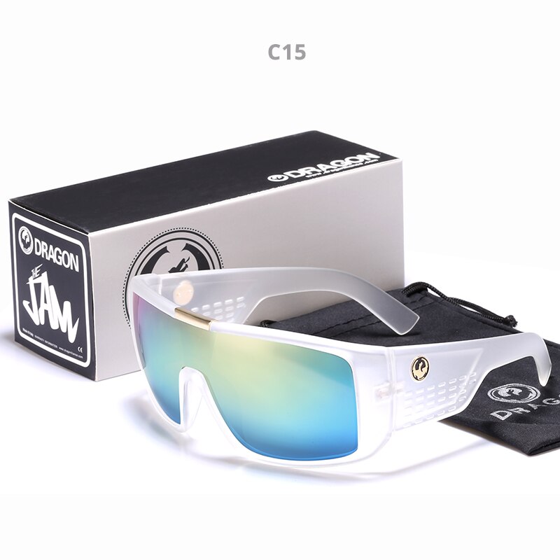 Windproof Mirrored lens Men Dragon DOMO Driving Fishing Sun glasses Square Glasses For Men UV400 Summer Shades Eyewear: C15 / With case