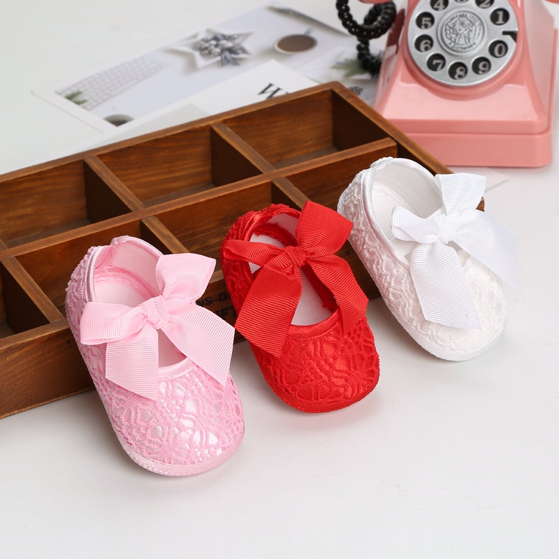 Zapatos de bautismo para bebé niña, zapatos de vestir de princesa con lazo de suela suave, antideslizantes, precaminantes infantiles de 0 a 12 meses