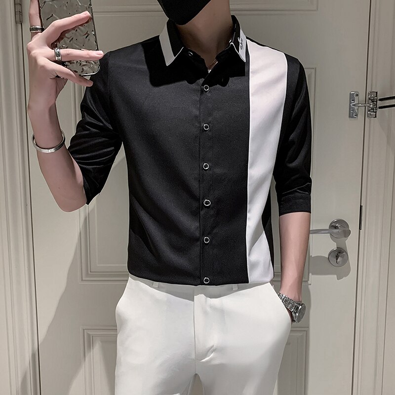Patchwork Color Half Sleeve Men Casual Shirts Dress Streetwear Spring Summer Slim Fit Club Tuxedo Camisas De Hombre