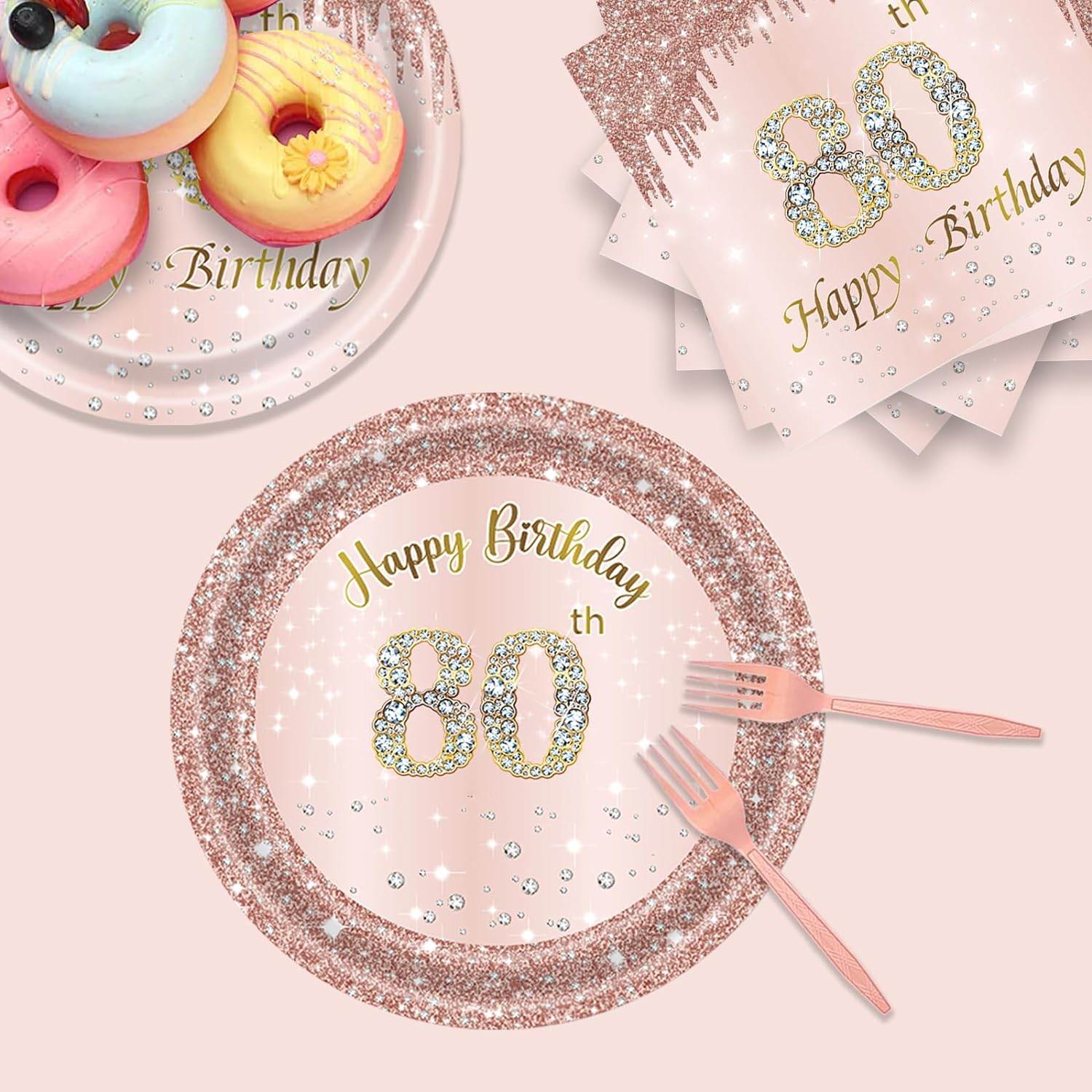 80th Rose Gold Birthday Party Decrations Women 80 Birthday Plates Napkins Forks Party Supplies 80 Year Old Birthday Disposable