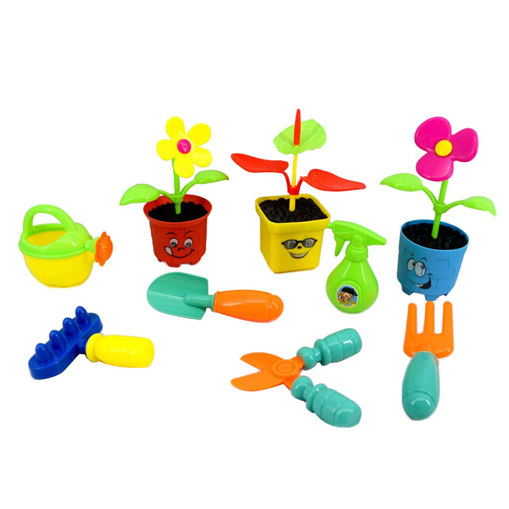 9 Pieces Pretend Garden Tools Toy Set Potted Plastic Flower Preschool Educational Toy for Toddlers Planting Flowers Tool Set