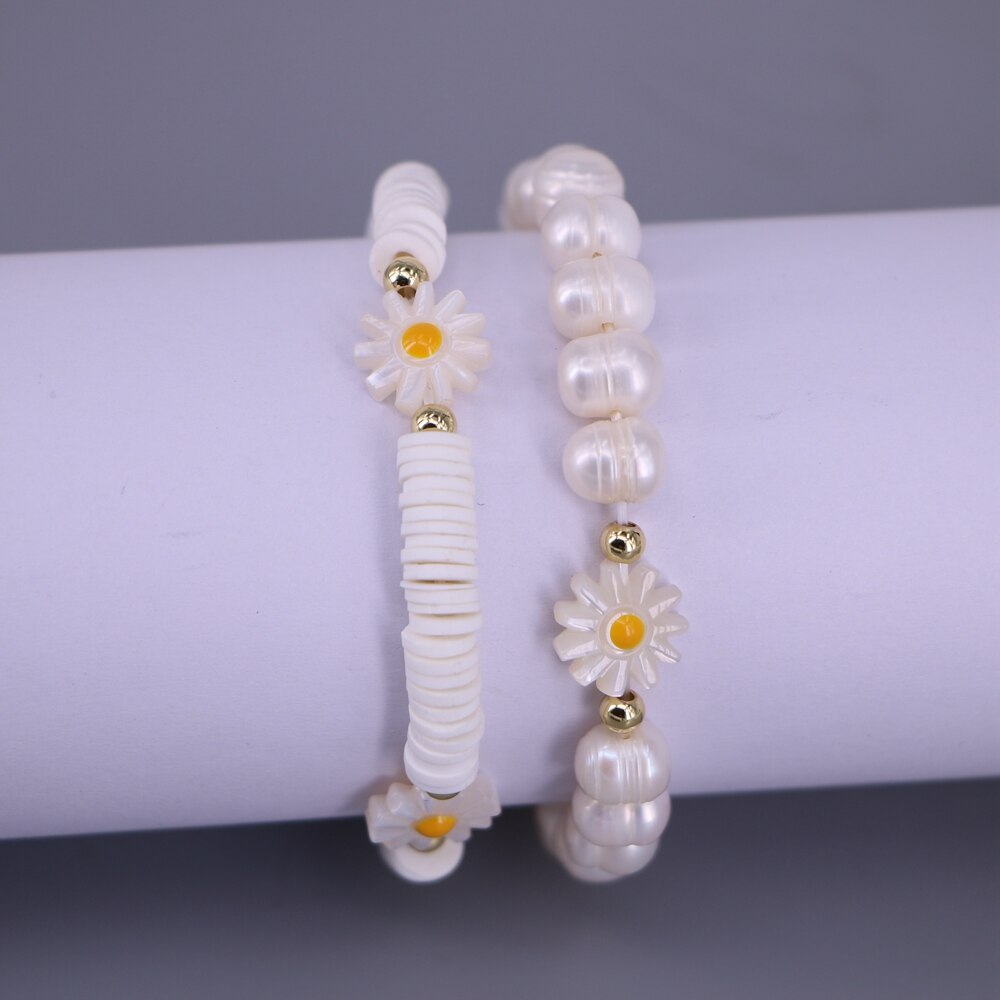 Daisy Bloem Zoetwater Parel Kralen Armband Vrouwelijke Witte Polymeer Klei Kralen Armband Vintage Sieraden