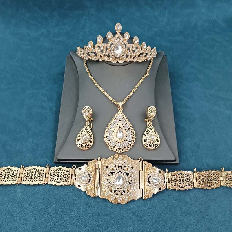 Set di gioielli da sposa arabi, catena in vita dorata, orecchini, collane, Set di copricapo da donna con catena in vita marocchina: set  2