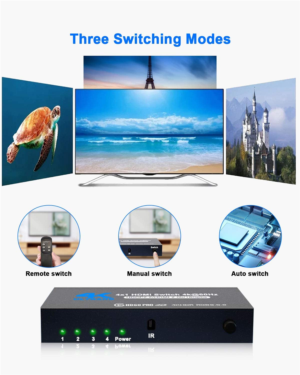2022 Best 4K HDMI Switch 2.0 Support RGB 4:4:4 HDR HDMI Switch 4K 60Hz HDMI 2.0 Switch Remote IR UHD 4 Port HDMI Switch Switcher