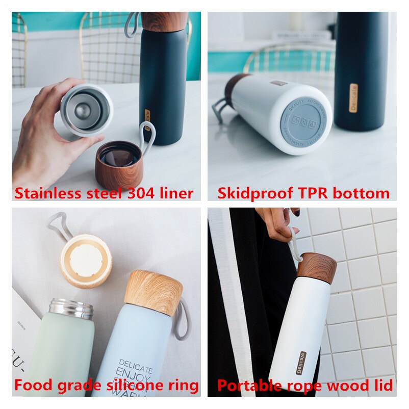 Termo de acero inoxidable 500 para exteriores, botella de agua de 304 ml, sin Bpa, con tapa de madera y cuerda portátil, para leche y té
