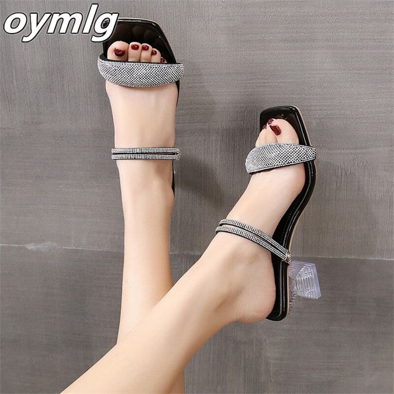 2022 summer rhinestone sandals, medium heels, thick heels, one word with two slippers, fairy high heels women&#39;s shoes