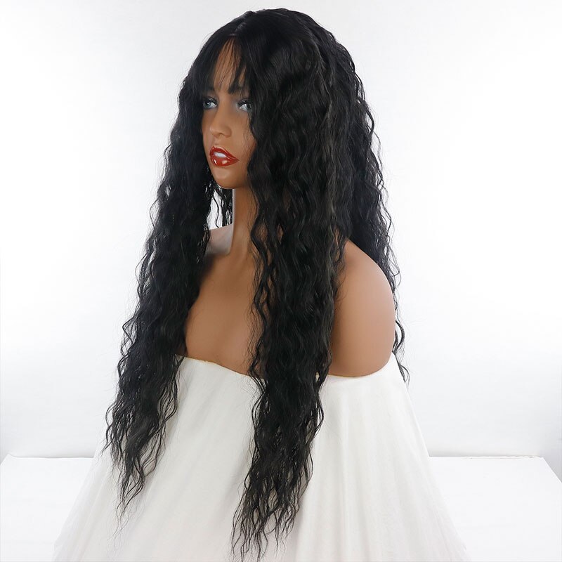 Bombshell Black Long Loose Curly Synthetic Hair Wig Glueless Heat Resistant Fiber With Baby Hair Middle Parting For Women Wigs