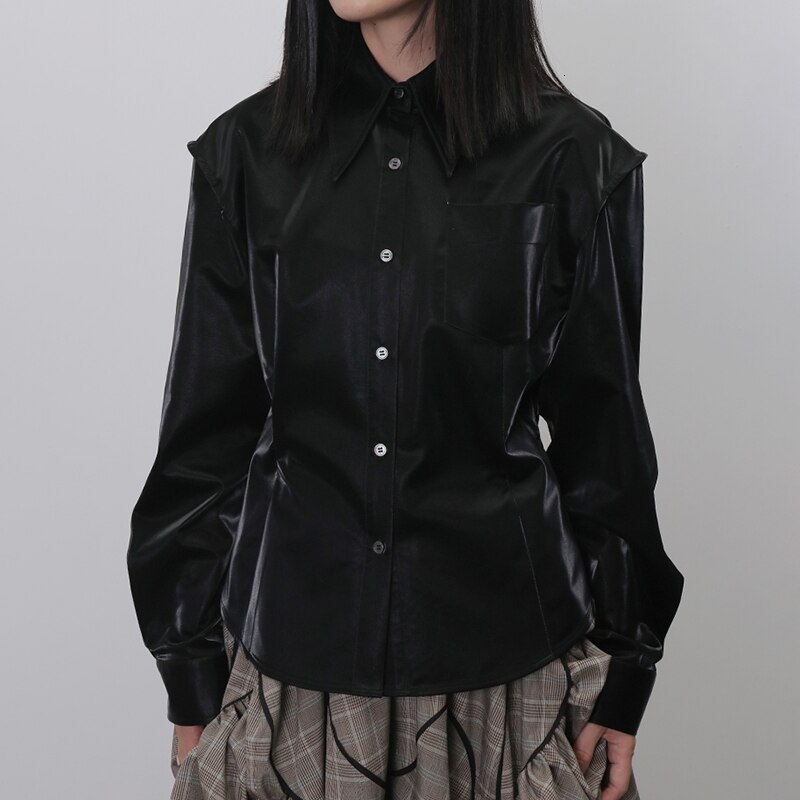 Chemises en cuir synthétique twotwinstyle pour femmes, col à revers, manches longues, slim, décontractées, vêtements pour femmes