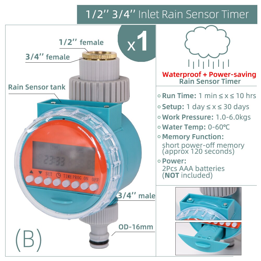 1PC Water Timer Rain Sensor Solar LCD Double Dial Ball Valve Controller Garden Watering Irrigation 1/2&#39;&#39;3/4&#39;&#39; Tap Joint Solenoid: B-1PC