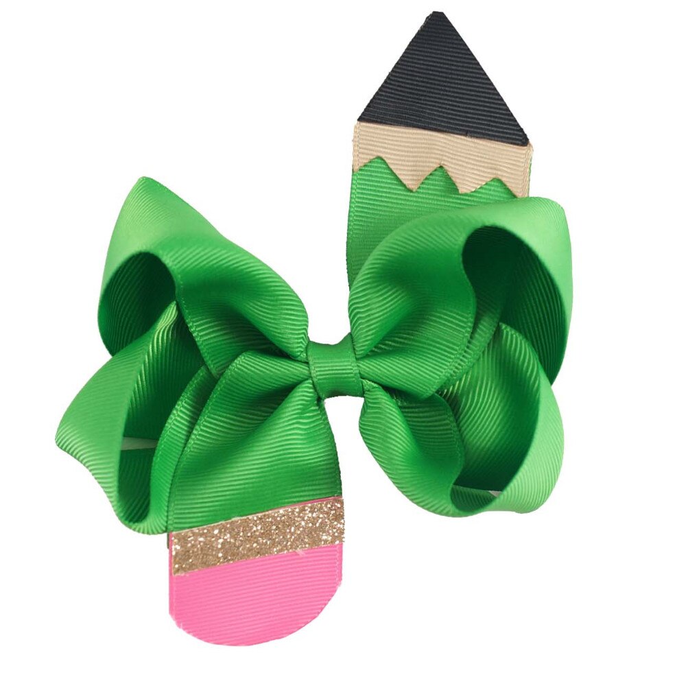 6 uds hecho a mano 4,5 "lápiz volver a la escuela moño para cabello con Clip para niñas Boutique lápiz horquilla accesorios de graduación preescolar: Verde