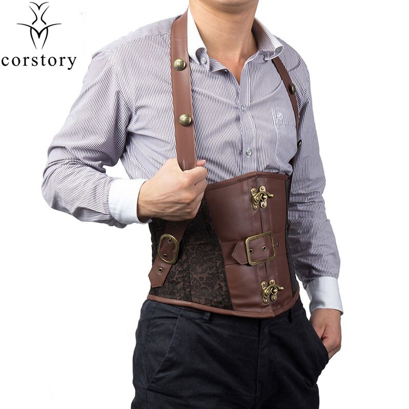 Corstory Retro Brown Leather&Brocade Steel Boned Halter Steampunk Underbust Gothic Underbust Corset Belt Waistcoat