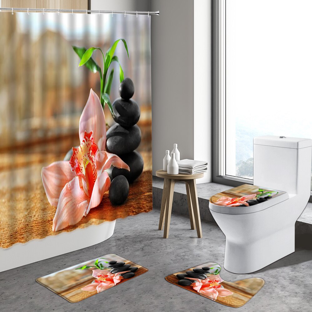 4pcs Zen Stone Shower Curtain Green Bamboo Orchid Flower Plants Anti-Slip Bath Mats Toilet Lid Cover Bathroom Decor Carpet Rugs: 7522J -4pcs set