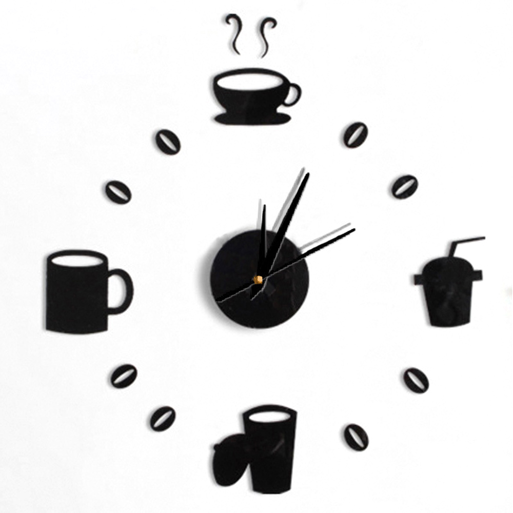 Taza de café 3D DIY Bean Reloj de pared adhesivo de cuarzo acrílico, decoración moderna para el hogar, Vintage Reloj de pared de cocina: Black