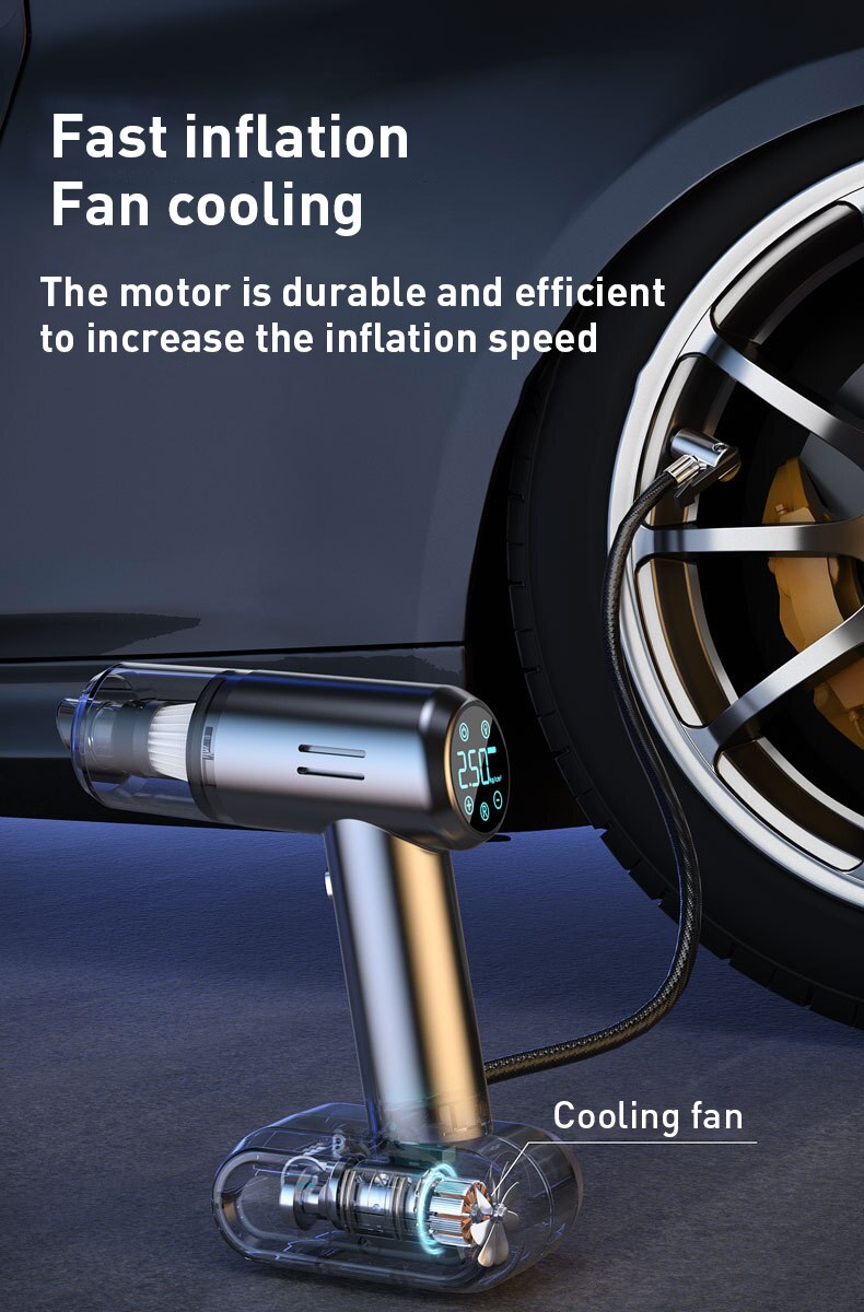 4 in 1 Portable Car Vacuum Cleaner with Air Compressor Pump 12V Tire Inflator for Cars High Power Handheld Car Vacuum with LED
