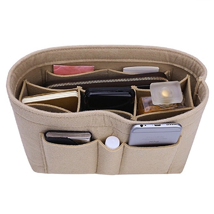 Ruputin kvinder makeup taske filt stof indsats taske organizer make up håndtaske dame rejse organisator multifunktionel kosmetik taske: Khaki