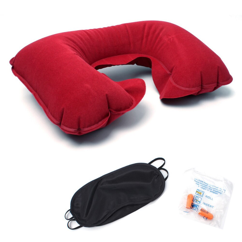 Outdoor Reizen Auto Vliegtuig Pvc Massaal Opblaasbare U-Vormige Hals Rest Kussen Geluidsdichte Oordopjes Blackout Oogmasker Drie-stuk: Rood