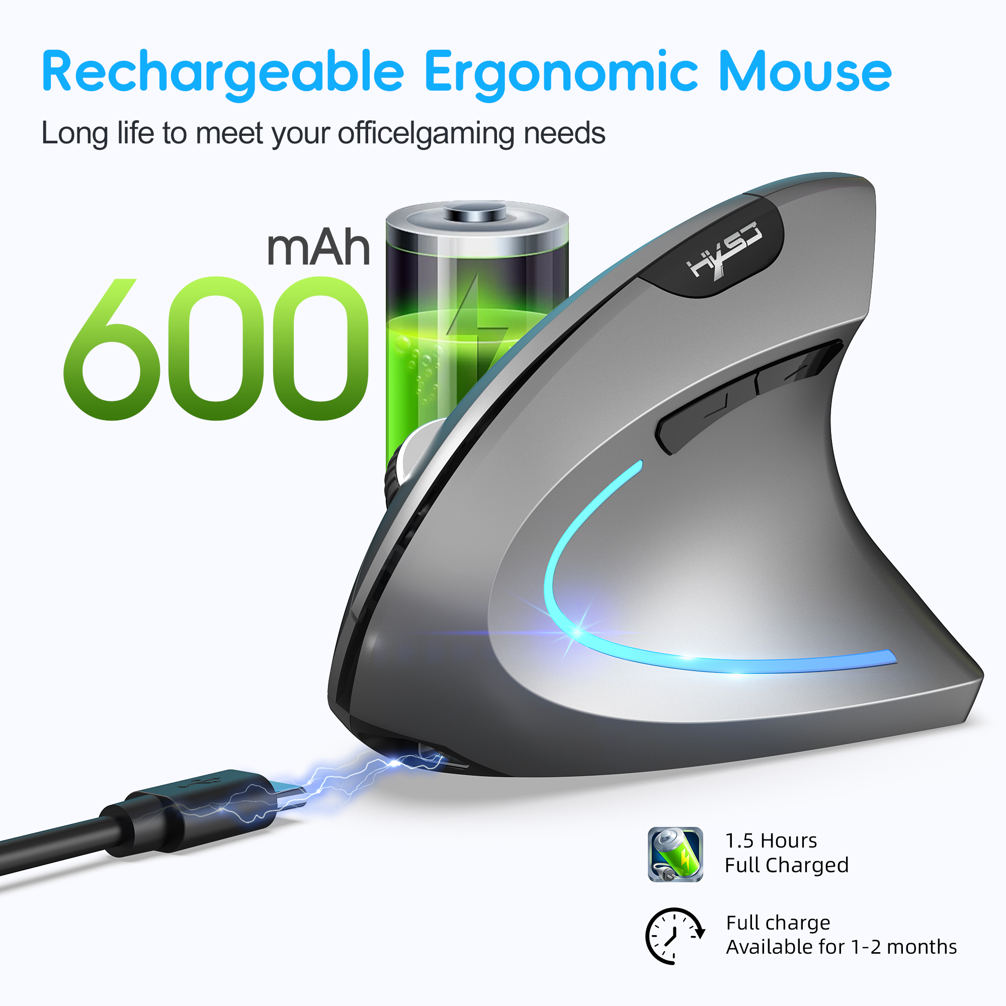 choice HXSJ ergonomic optical mouse ABS 2400DPI adjustable rechargeable 600mA vertical mouse for office and mac