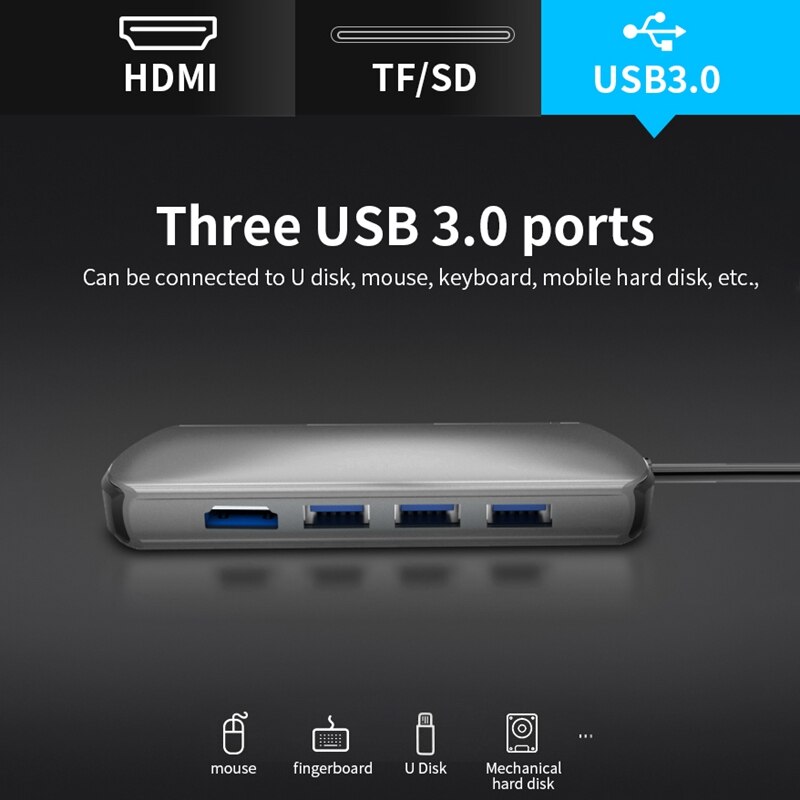 6 In 1 Usb C Hub/Type C Data Hub Met 6-Poort 3 Usb 3.0 + Tf + Sd + 4K Hdmi Poorten Multifunctionele Hub