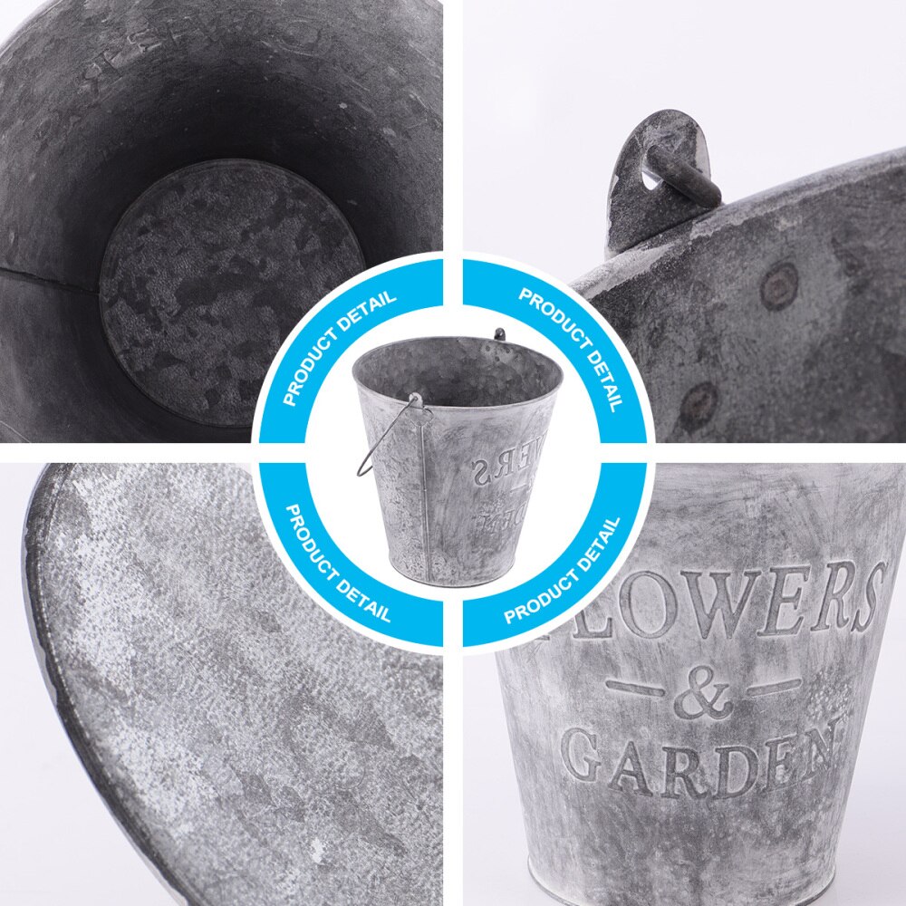 Garden Wrought Iron Pail Simulation Round Iron Bucket Flower Pot Metal Flower Bucket for Home - Size L(Light Grey)