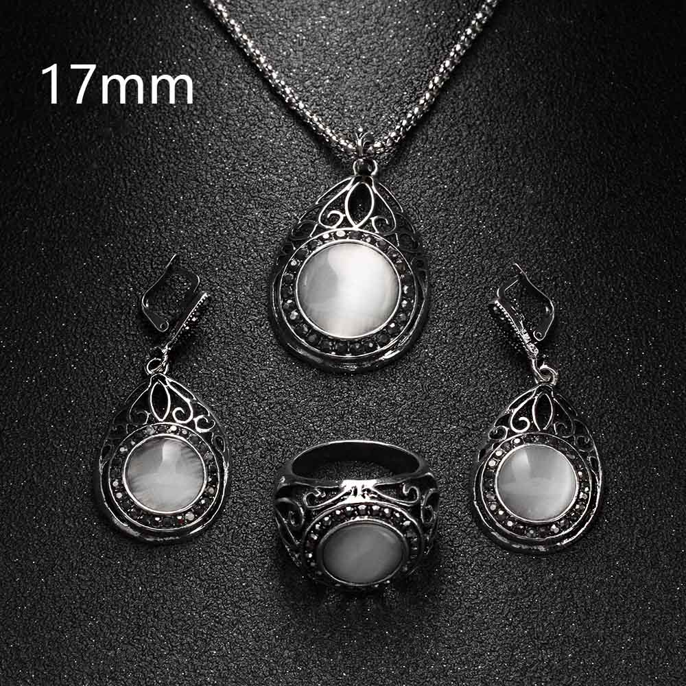 3 stks/set Vintage Verzilverd White Opal Hangers Ketting Retro Hollow Out Water & Ronde Natuursteen Sieraden Sets: 17mm