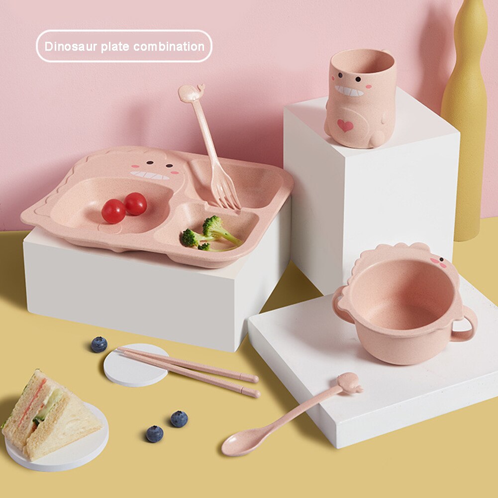 6 Piece Set Baby Dinosaur Tableware Children's Dinner Plate Grid Home Cartoon Feeding Dishes