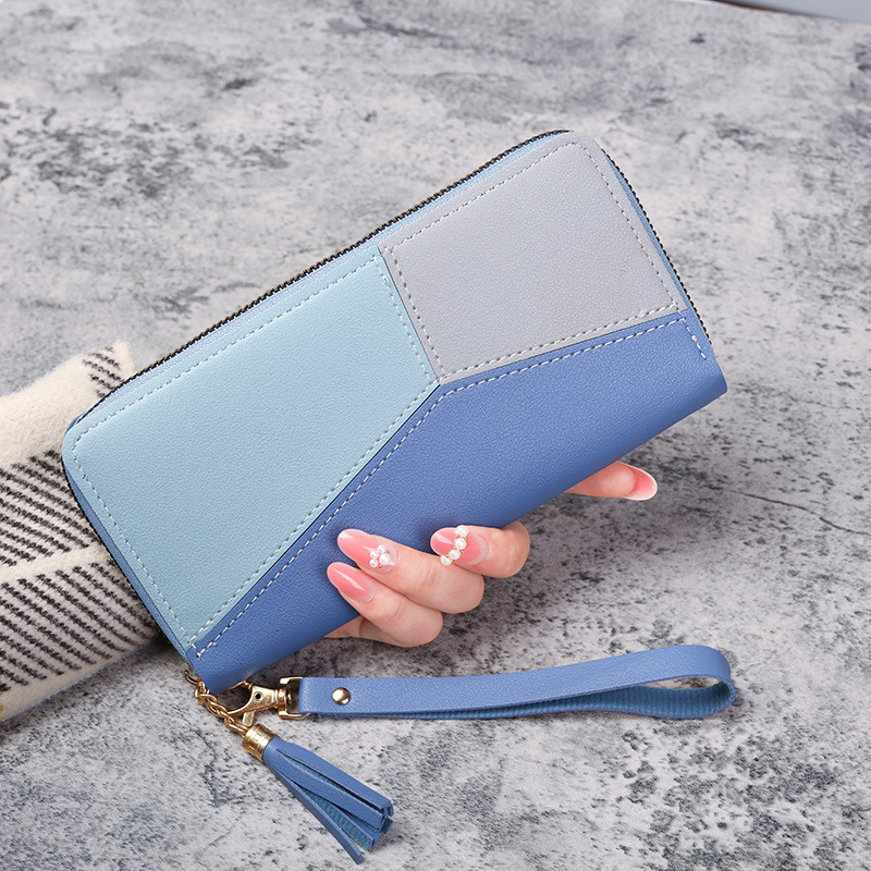 Women Large Capacity Wallet Long Zipper Durable Purse Hundred Literary Simple Splicing Clutch Bag: Blue