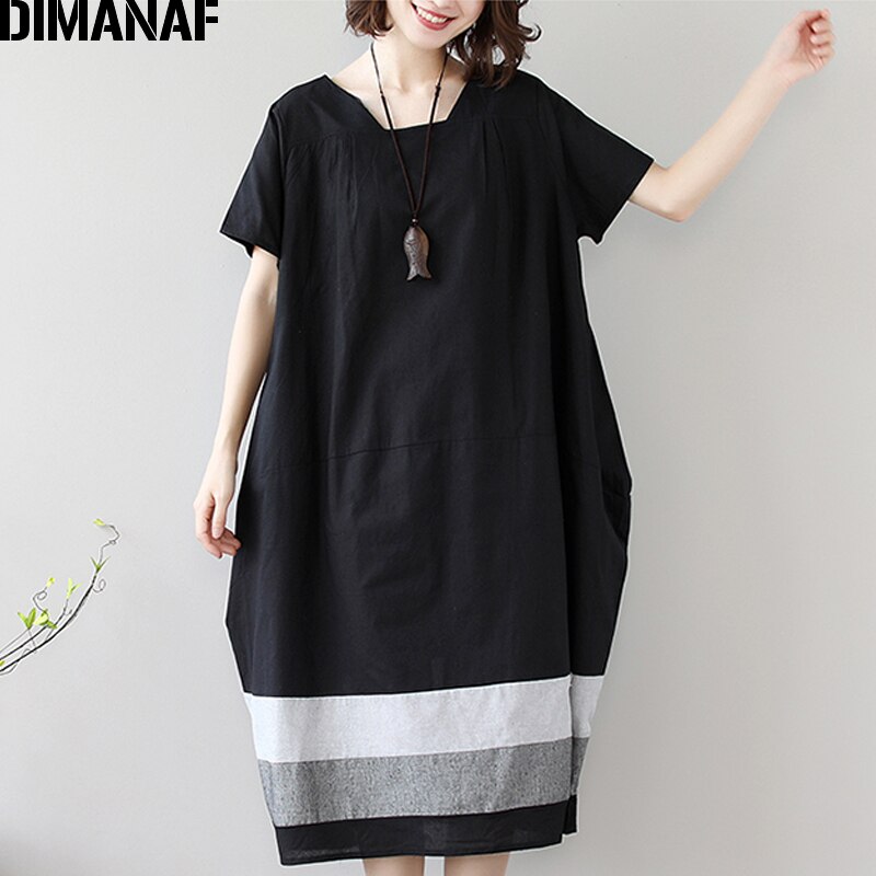 Dimanaf vestido plus size roupas femininas verão vestido de verão do vintage elegante feminino vestidos elegante senhora vestido solto linho preto