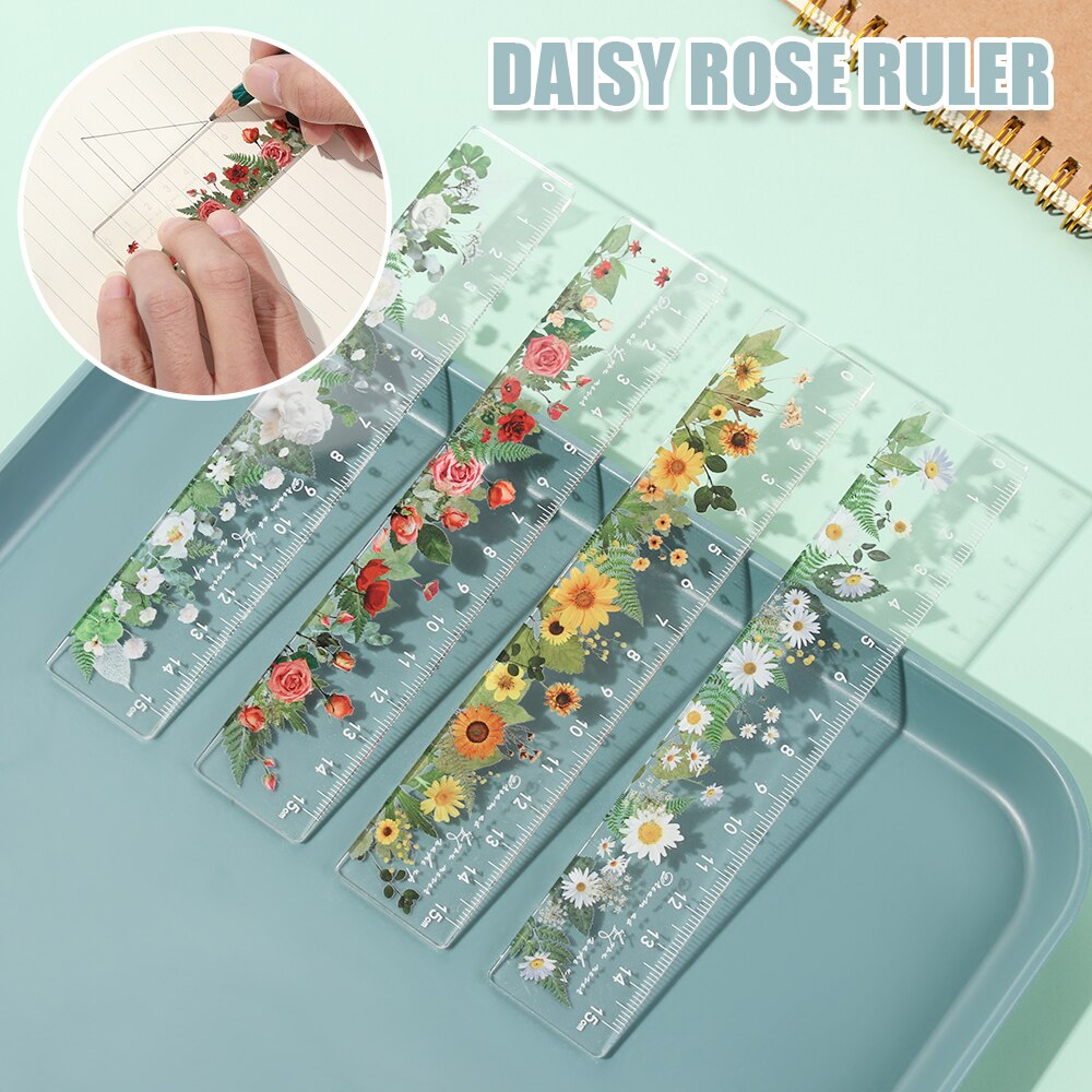 1PC 15cm Daisy Rose Pattern Ruler DIY Drawing Tools Student Flower Rulers Double-duty Multifunctional Ruler School Office Supply