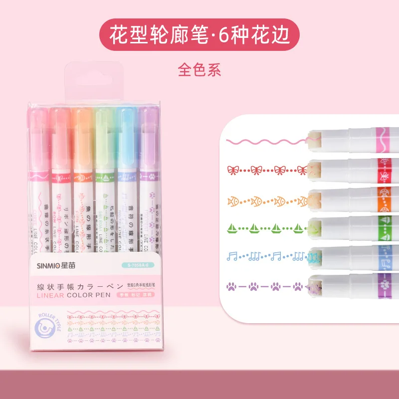 3/6 stks/set Kawaii Bloemen Lijnvormige Markeerstiften Roller Tip Curve Liner Marker voor Schrijven Journaling Tekening briefpapier: Marineblauw