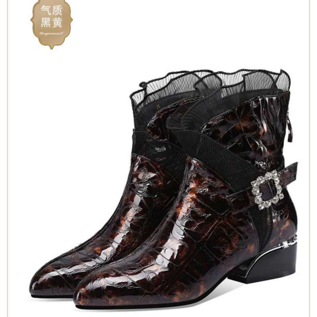 Bottes courtes en cuir verni pour femme, bottes thermiques pointues à talon épais, tube moyen, style, automne hiver: Red-brown / 36