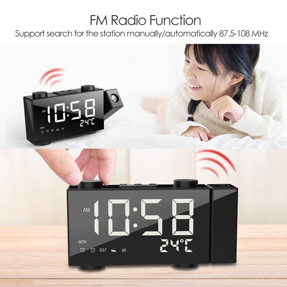 Projektionsklocka digital väckarklocka med snooze funktion termometer fm radio usb/batterier elbord led klocka 180 °roterande